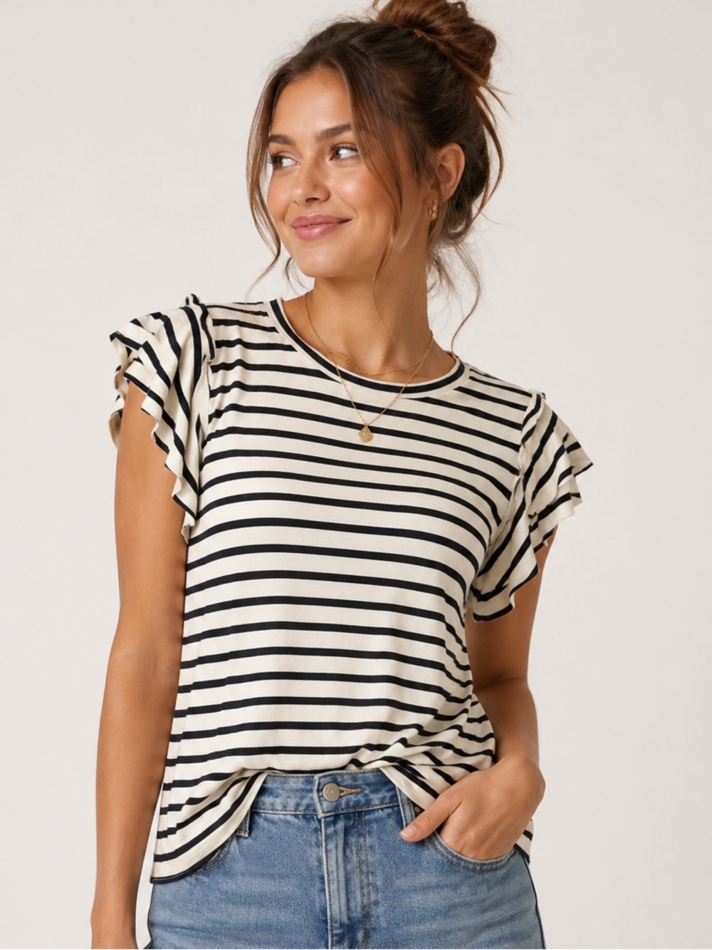 Green Envelope Navy & White Striped Ruffle Sleeve Top – Size Small